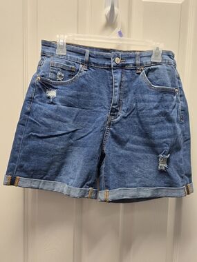 Classic Mid-Rise Distressed Denim Shorts in Blue